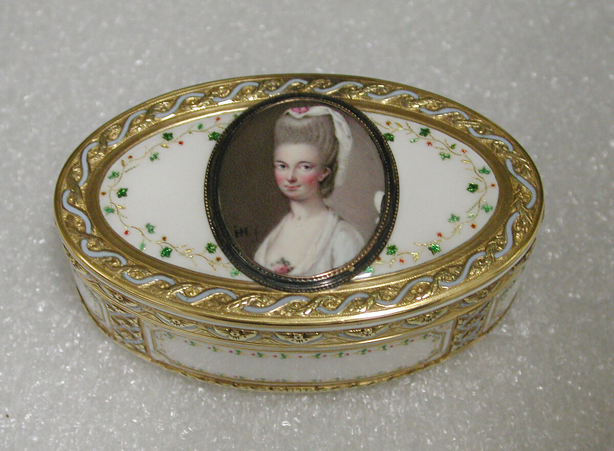 Snuffbox with portrait of a woman, Nicolas Marguerit (master 1763, active1790), Gold, enamel, French, Paris 