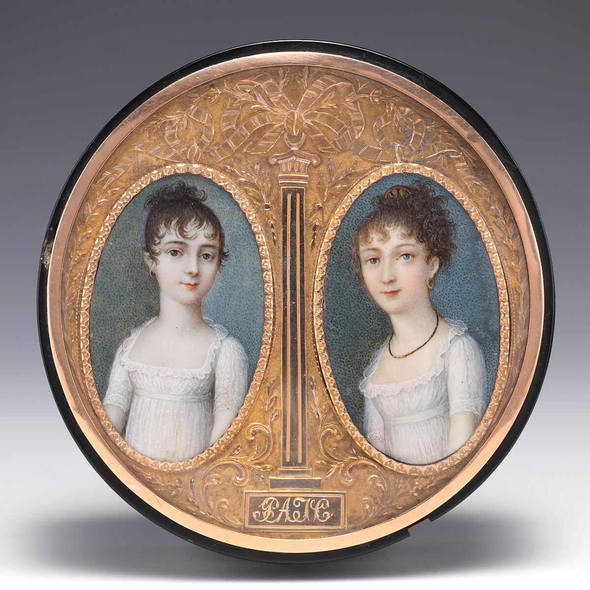 Box with portraits of two sisters, Miniature by Continental Painter, Tortoiseshell, gold, ivory, possibly British 