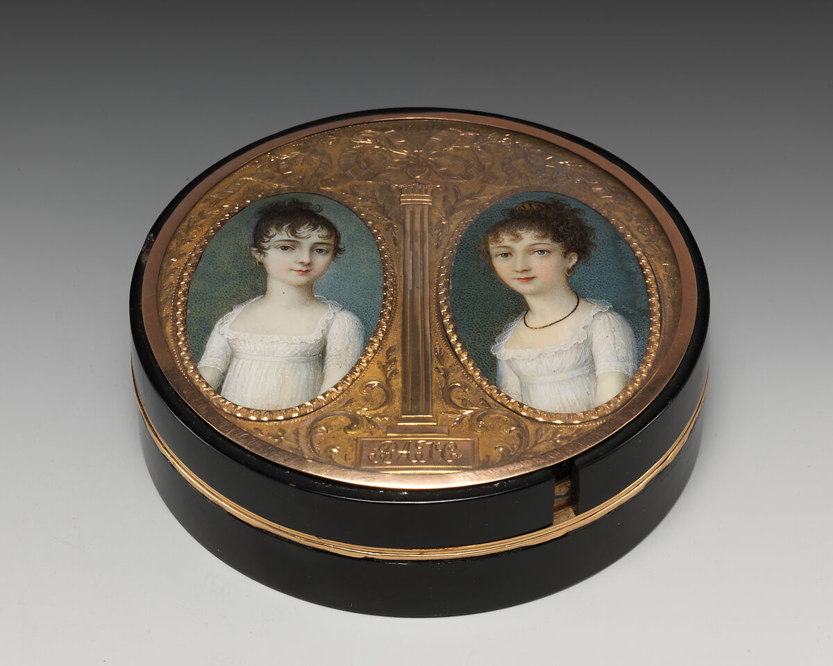 Box with portraits of two sisters, Miniature by Continental Painter, Tortoiseshell, gold, ivory, possibly British