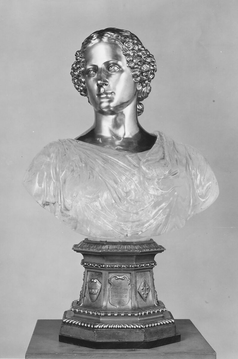 Laudomia de' Medici, Head: silver-gilt (cast, probably repoussé); torso: crystal; plinth: cast silver, Italian or French 