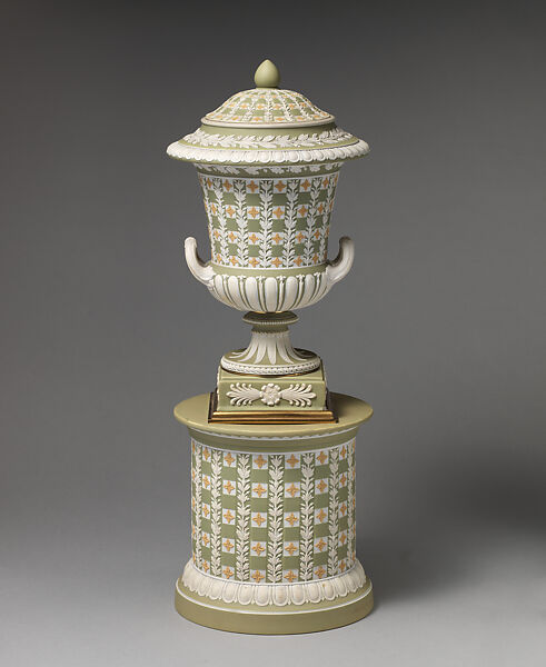 Urn with cover and pedestal (one of a pair), Josiah Wedgwood and Sons (British, Etruria, Staffordshire, 1759–present), Jasperware, British, Etruria, Staffordshire 