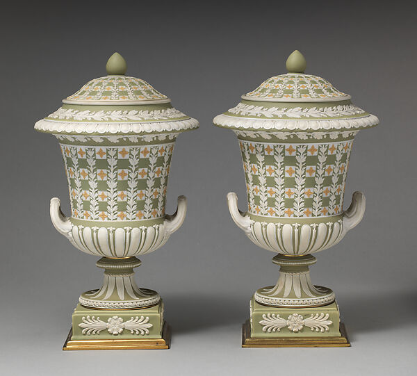 Urn with cover and pedestal (one of a pair), Josiah Wedgwood and Sons (British, Etruria, Staffordshire, 1759–present), Jasperware, British, Etruria, Staffordshire