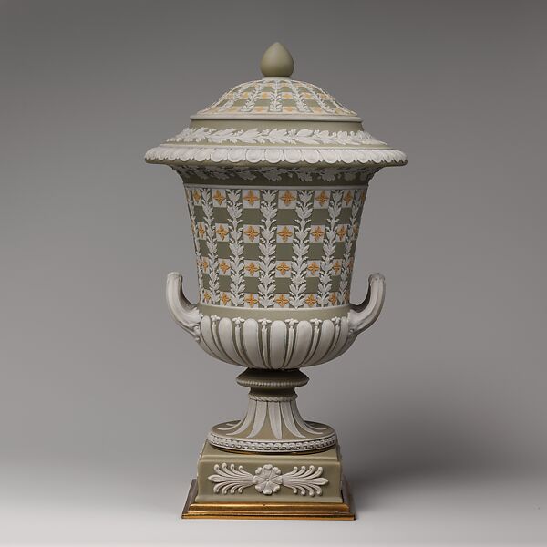 Urn with cover and pedestal (one of a pair), Josiah Wedgwood and Sons (British, Etruria, Staffordshire, 1759–present), Jasperware, British, Etruria, Staffordshire