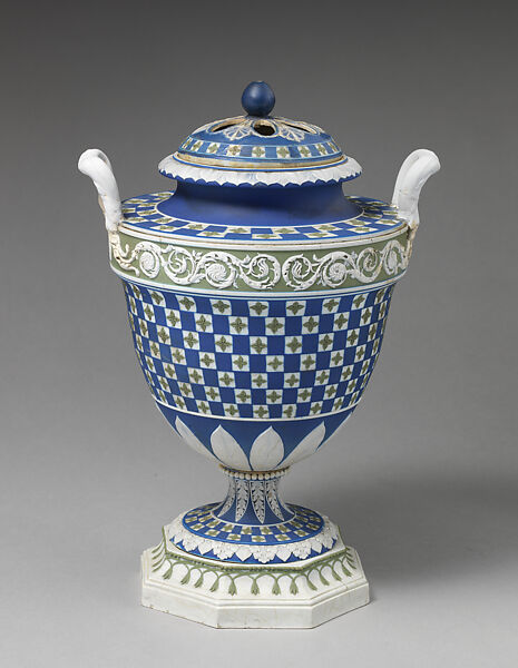 Urn with cover (one of a pair), William Hackwood (British, ca. 1753–1836), Jasperware, British, Etruria, Staffordshire