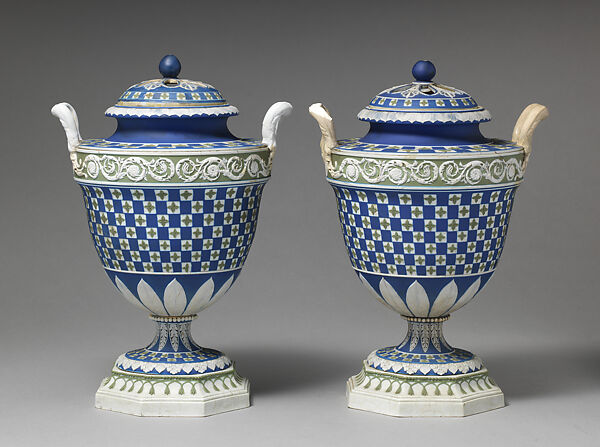 Urn with cover (one of a pair), William Hackwood (British, ca. 1753–1836), Jasperware, British, Etruria, Staffordshire
