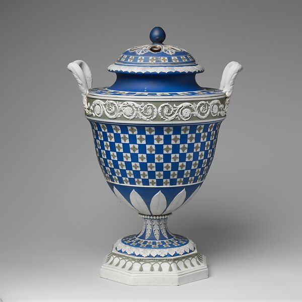 Urn with cover (one of a pair), William Hackwood (British, ca. 1753–1836), Jasperware, British, Etruria, Staffordshire 