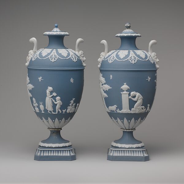 Vase with cover (one of a pair), Josiah Wedgwood (British, Burslem, Stoke-on-Trent 1730–1795 Burslem, Stoke-on-Trent), Jasperware, British, Etruria, Staffordshire