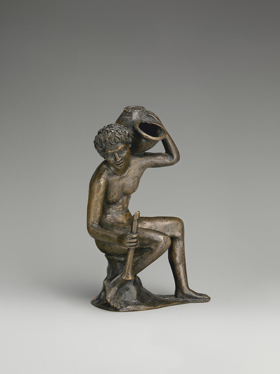 Seated youth with a lamp in the form of a snail shell, Possibly workshop of Andrea Briosco, called Riccio (Italian, Trent 1470–1532 Padua), Bronze, Italian, Padua 