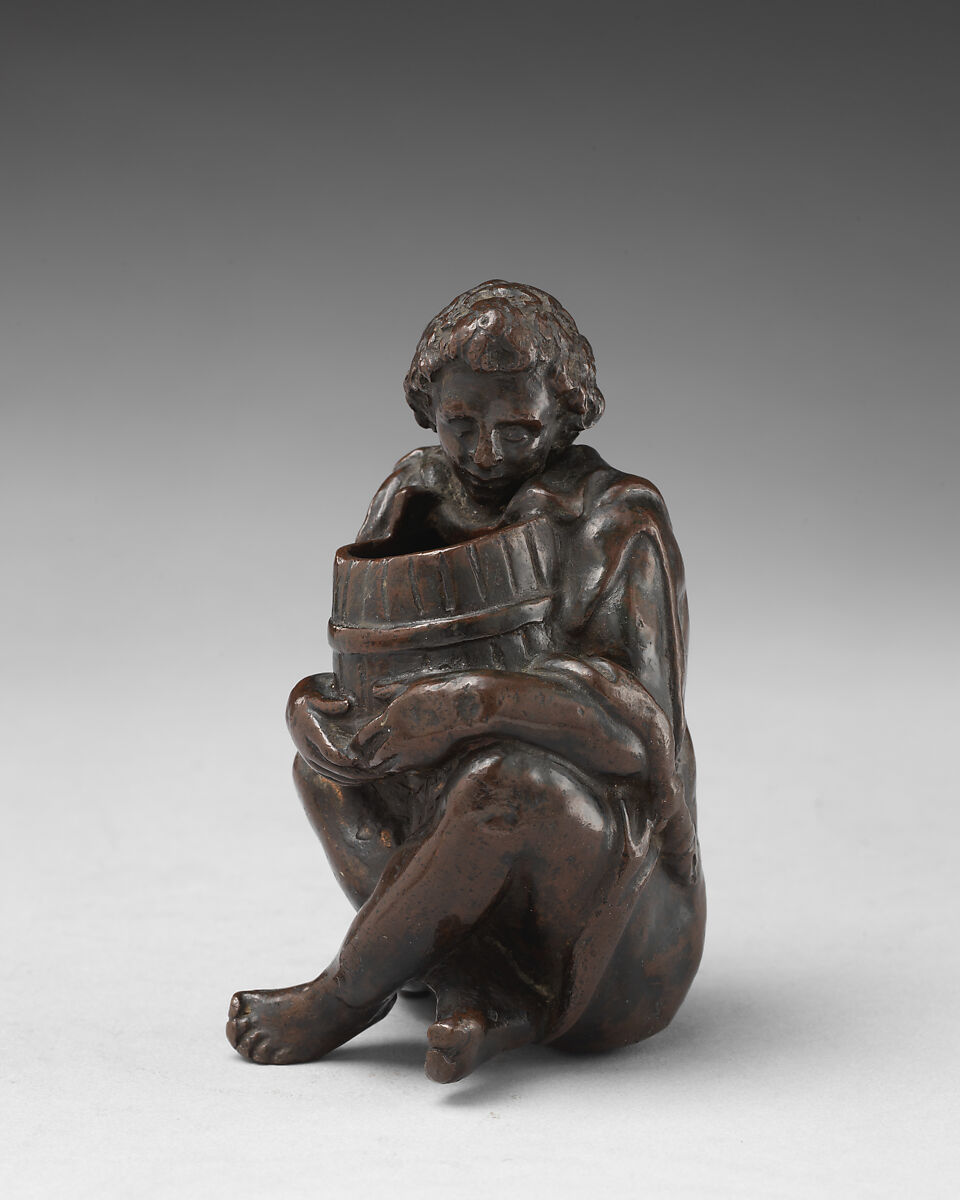 Boy with a barrel, Bronze, black lacquer patina, probably Italian 