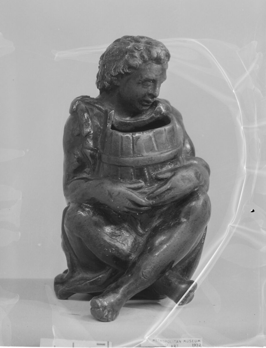 Boy with a barrel, Bronze, black lacquer patina, probably Italian