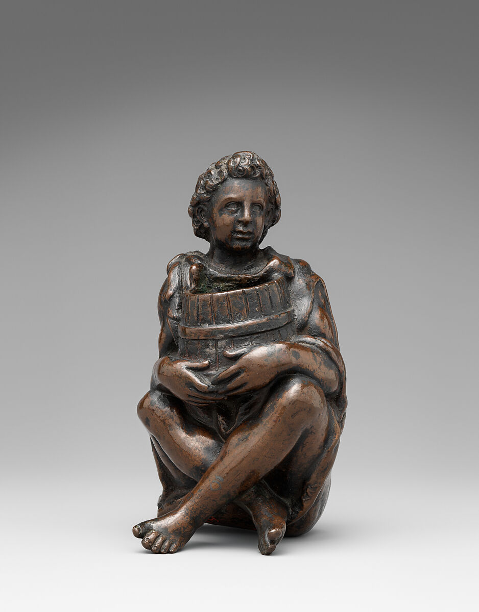 Boy with a barrel, Bronze, black lacquer patina, probably Italian 
