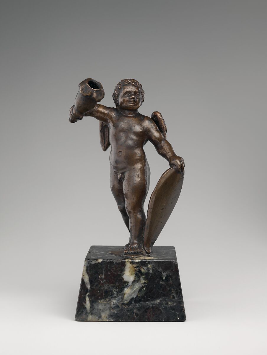 Cupid holding a candle socket, Bronze, traces of brown lacquer patina; later marble base, Italian, Padua 