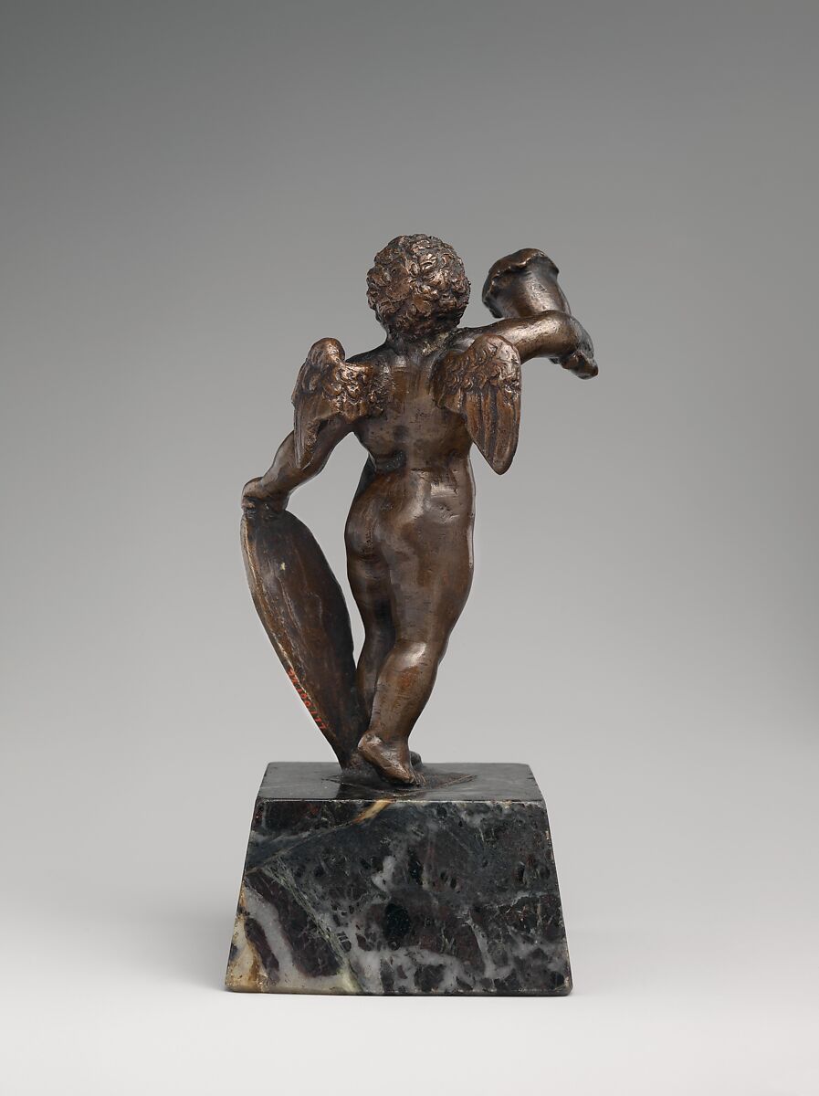 Cupid holding a candle socket, Bronze, traces of brown lacquer patina; later marble base, Italian, Padua