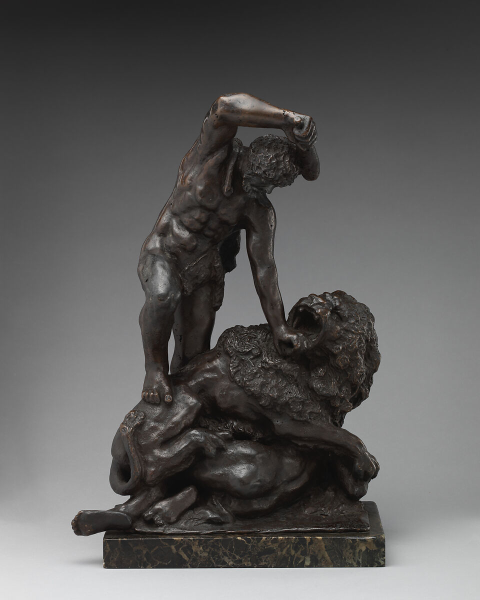 Two Men Fighting a Lion, Bronze, with black lacquer patina, Italian, Florence 