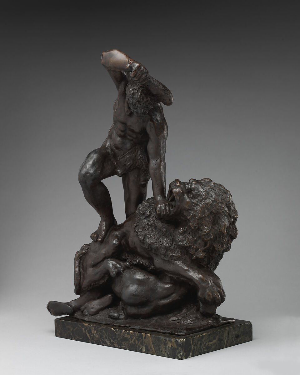 Two Men Fighting a Lion, Bronze, with black lacquer patina, Italian, Florence