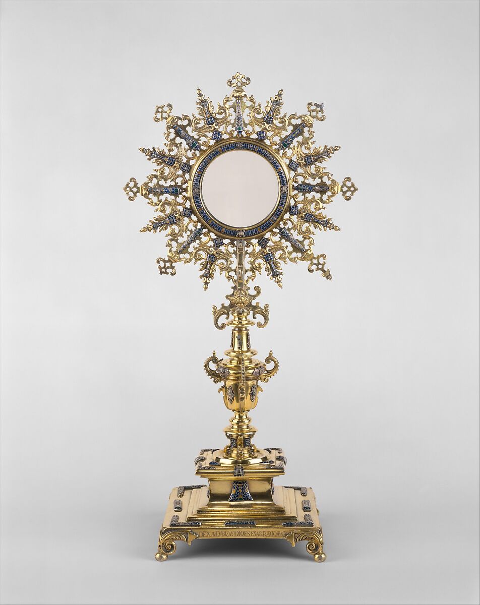 Monstrance, Attributed to Diego de Atienza (Spanish, born Luja (present-day Ecuador) 1610, active in Lima by 1645), Silver gilt with enamel, cast, chased, and engraved, Peruvian, probably Lima 