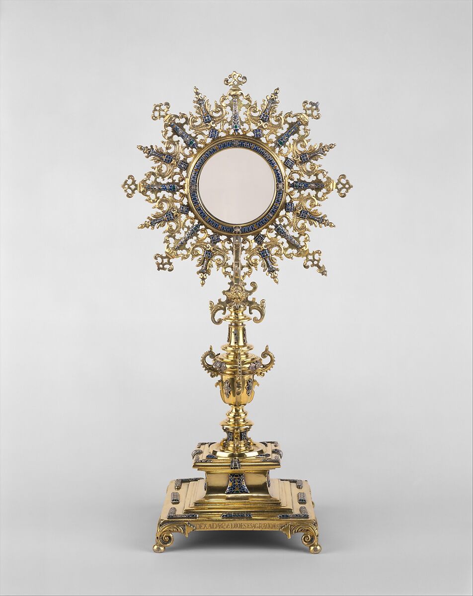 Monstrance, Diego de Atienza  Spanish, Silver gilt with enamel, cast, chased, and engraved, Peruvian, probably Lima