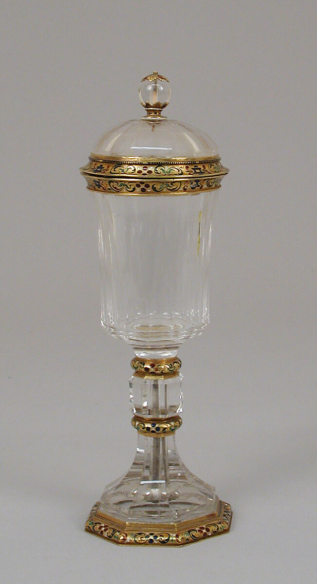 Standing cup with cover, Rock crystal, gold, champlevé enamel, Bohemian, Prague 