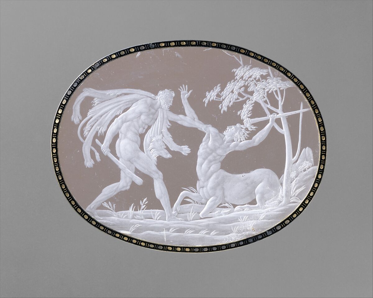 Hercules and Nessus, Annibale Fontana  Italian, Rock crystal; gold and champlevé enamel frame, Italian, Milan