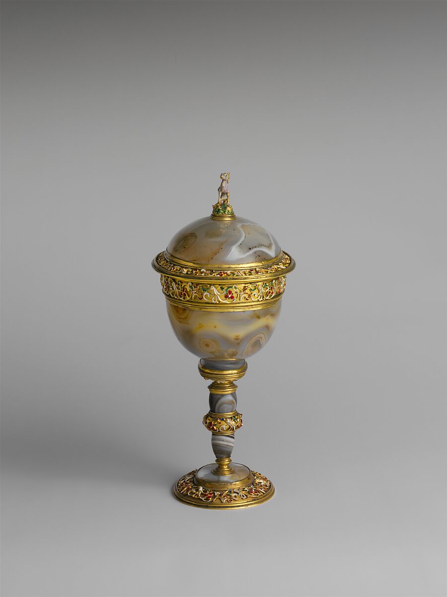 Standing cup with cover, Agate, silver gilt, gold, enamel, rubies, diamond, French, Paris