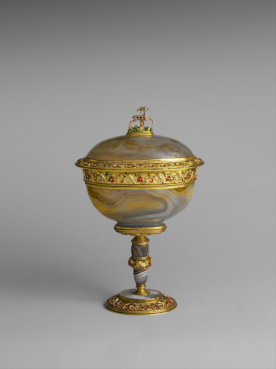 Standing cup with cover, Agate, silver gilt, gold, enamel, rubies, diamond, French, Paris 