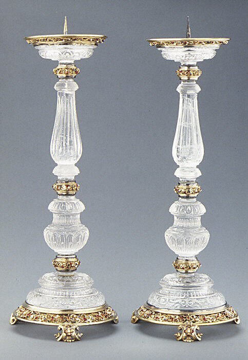 Pair of pricket candlesticks, Reinhold Vasters  German, Crystal, silver-gilt, enamel, Italian, probably Milan