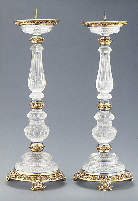 Pair of pricket candlesticks, Mounted after a design by Reinhold Vasters (German, Erkelenz 1827–1909 Aachen), Crystal, silver-gilt, enamel, Italian, probably Milan 