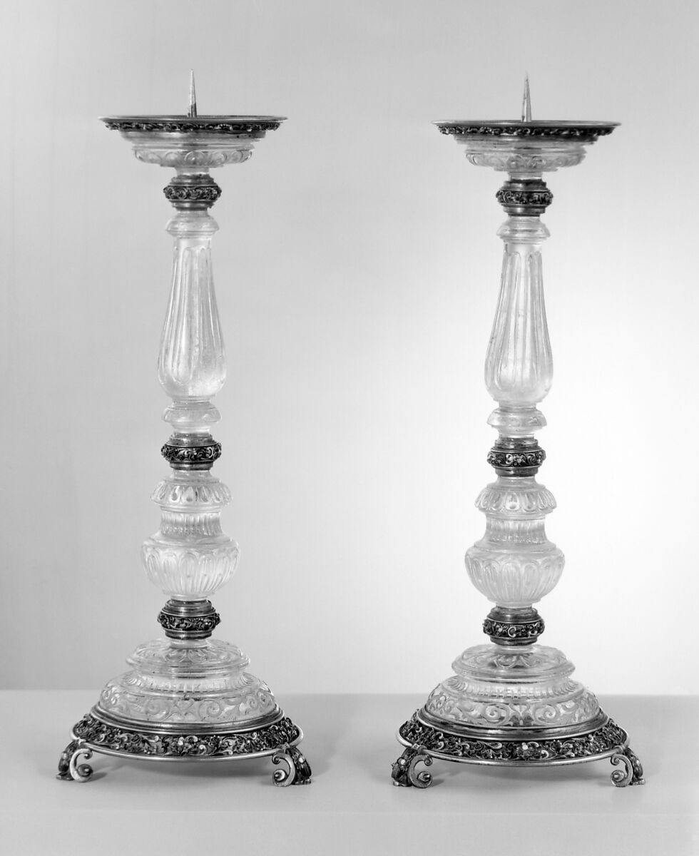 Pair of pricket candlesticks, Mounted after a design by Reinhold Vasters (German, Erkelenz 1827–1909 Aachen), Crystal, silver-gilt, enamel, Italian, probably Milan