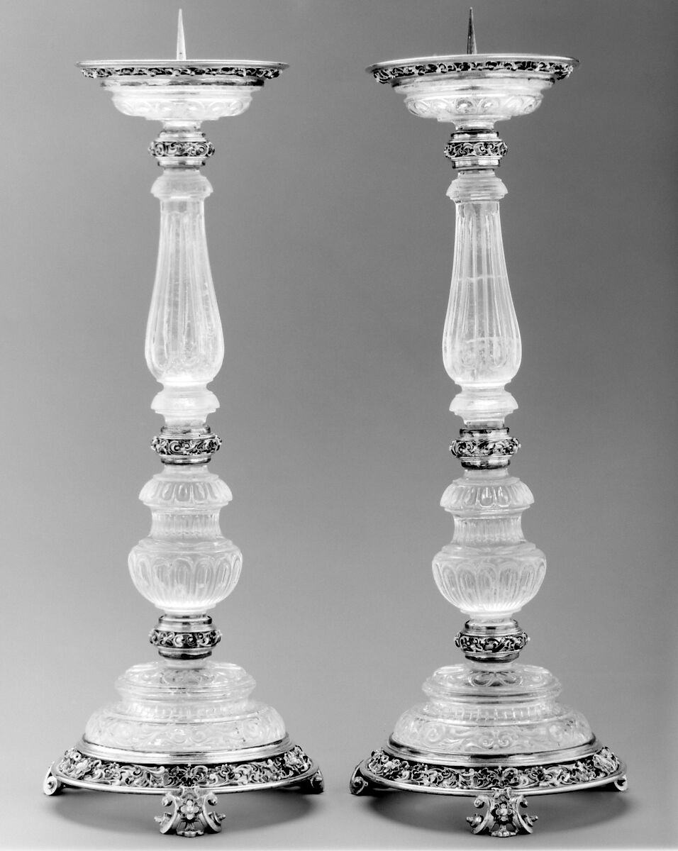 Pair of pricket candlesticks, Mounted after a design by Reinhold Vasters (German, Erkelenz 1827–1909 Aachen), Crystal, silver-gilt, enamel, Italian, probably Milan