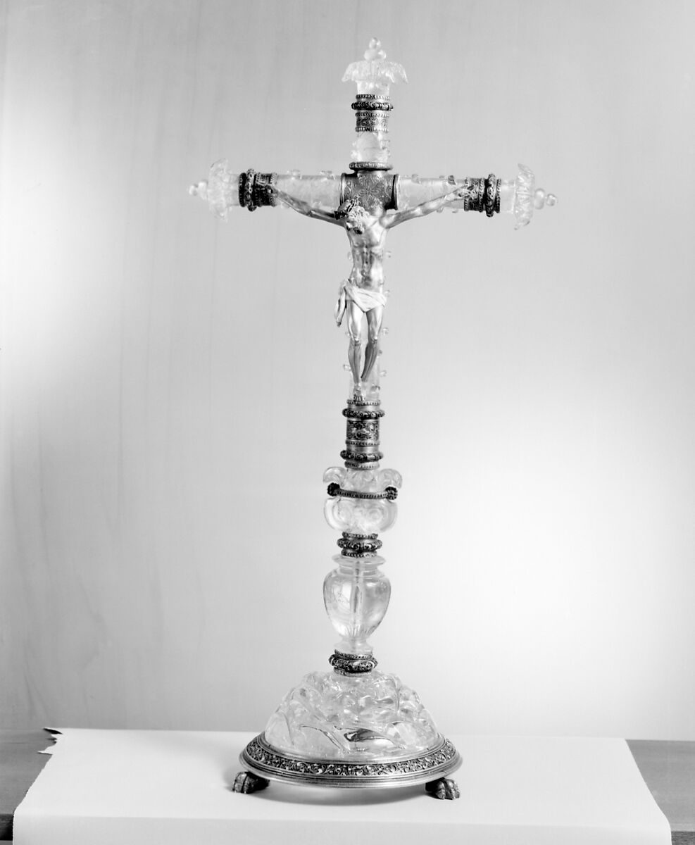 Altar crucifix, Reinhold Vasters  German, Rock crystal, gold, silver gilt, enamel, probably French
