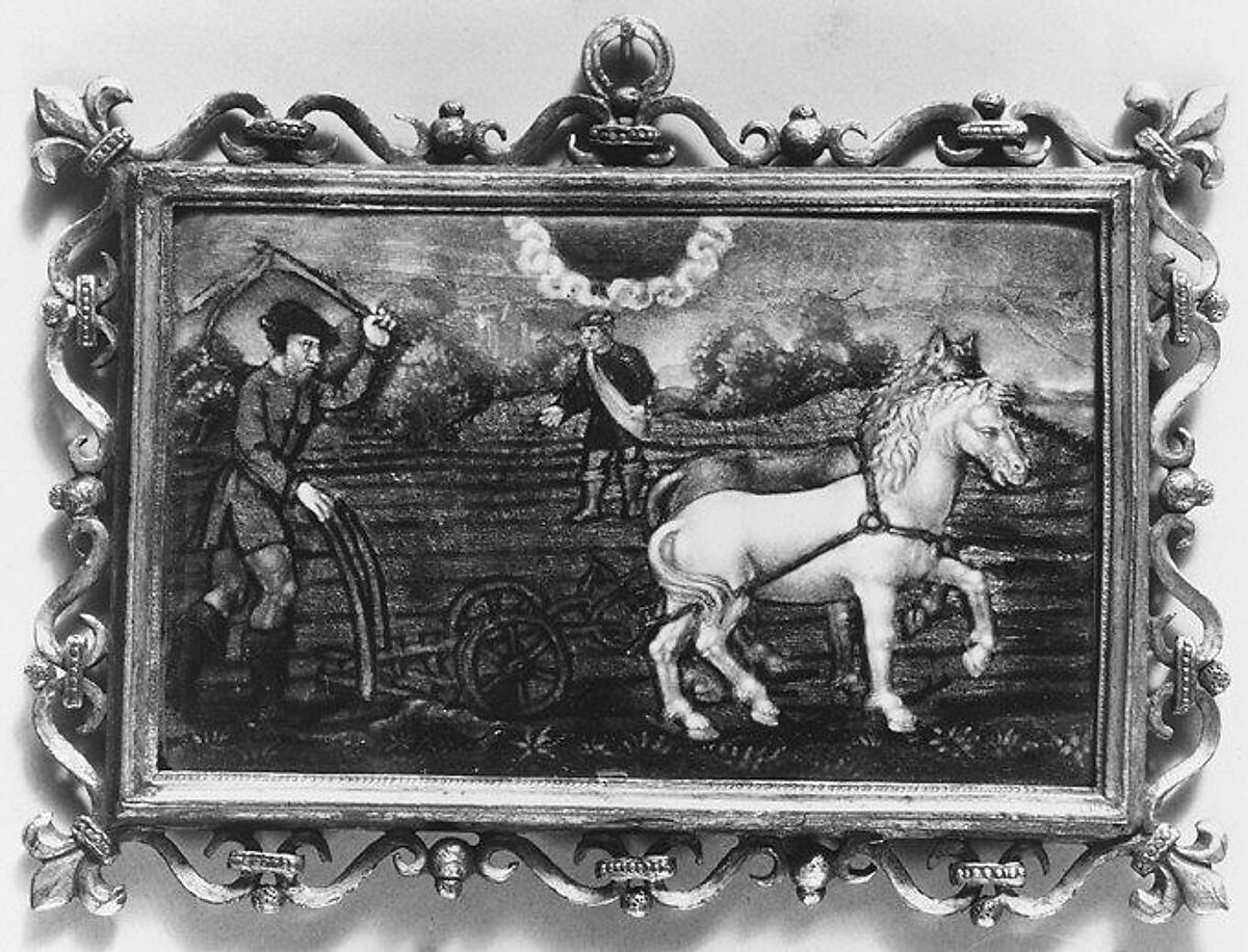 The Labors of the Months: Ploughing (September), Probably made at the workshop of Jean II Pénicaud (French, working ca. 1531/32–1549), Painted enamel on copper, partly gilt, French, Limoges 