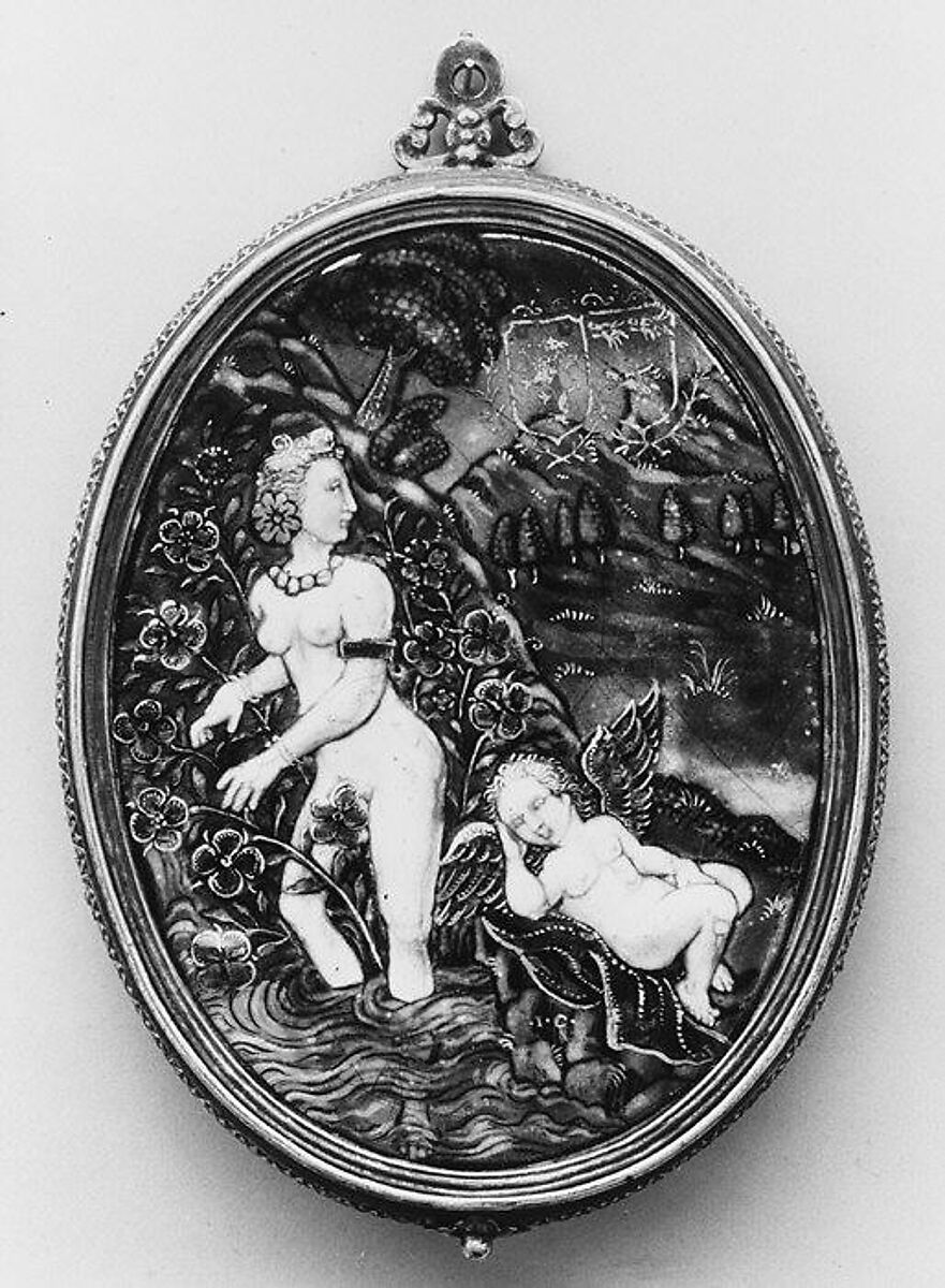Venus and the Rose, Master I. C. (probably Jean Court or Jean de Court) (working in the second half of the sixteenth century), Painted enamel on copper, partly gilt; silver gilt; glass, French, Limoges 