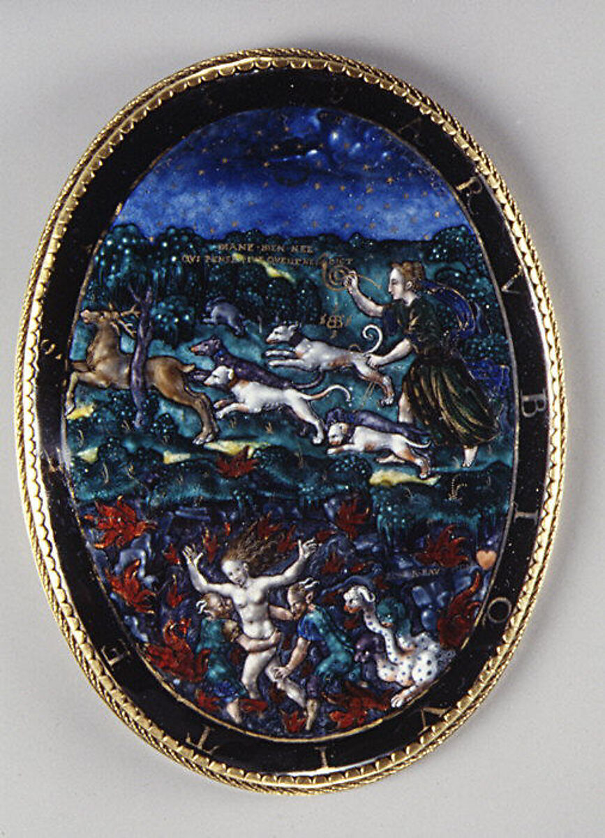 Diana Hunting and Proserpina in the Underworld, Master I. D. C. (active second half of the 16th century), Painted enamel on copper, partly gilded and silvered; gilt metal, French, Limoges 