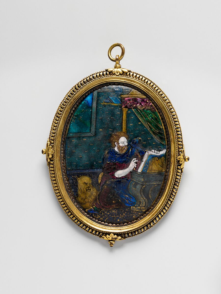 St. Mark, Suzanne de Court (French, active 1575–1625), Painted enamel on copper, partly gilt; gilt-metal frame, French, Limoges 