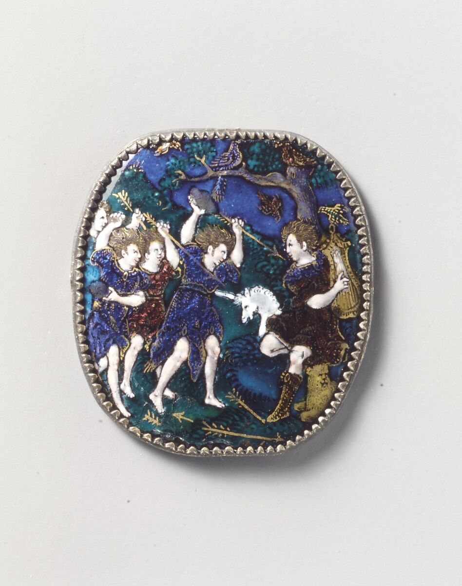 Orpheus Attacked by the Maenads, Suzanne de Court (French, active 1575–1625), Painted enamel on copper, partly gilt; gilt brass, French, Limoges