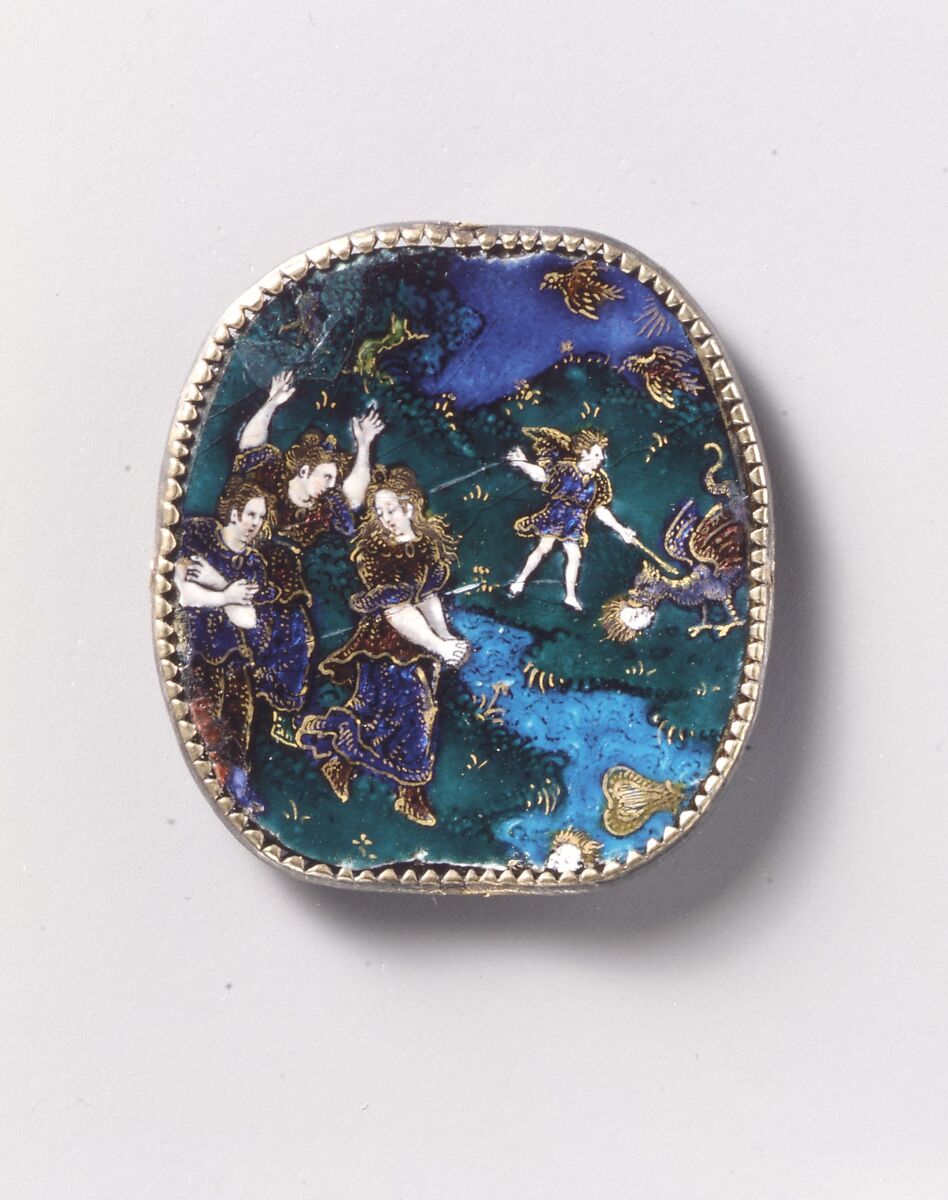 Orpheus Attacked by the Maenads, Suzanne de Court (French, active 1575–1625), Painted enamel on copper, partly gilt; gilt brass, French, Limoges 