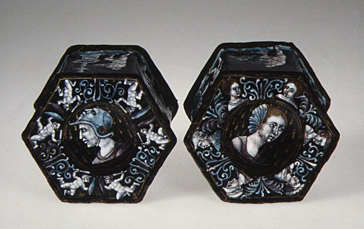 Saltcellar with scene of infant harvesters (one of a pair), Attributed to Pierre Reymond (born 1513, working 1537, died after 1584), Painted enamel on copper, partly gilt, French, Limoges
