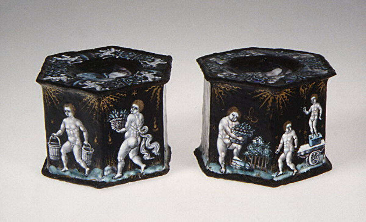 Saltcellar (one of a pair), Maker: Pierre Reymond Pierre Reymond (born 1513, working 1537, died after 1584), Painted enamel on copper, partly gilt, French, Limoges