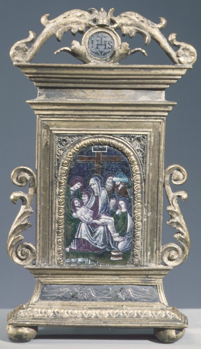 Pietà, Basse-taille and painted enamel on silver; champlevé enamel on silver; silver filigree with traces of enamel; gilt bronze, Italian, Lombardy 