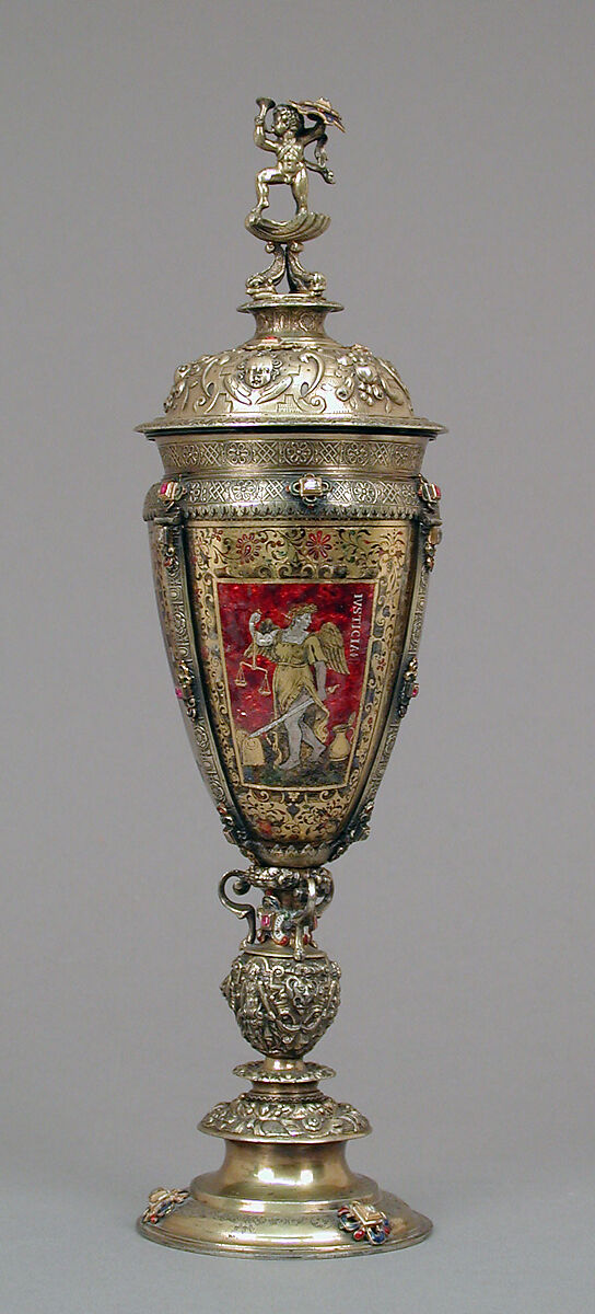 Standing cup with cover, Silver foot made by Vinzenz Hofer (active 1542–68), Silver gilt, glass, enamel, diamonds, rubies, German, Nuremberg and Austrian, Salzburg 