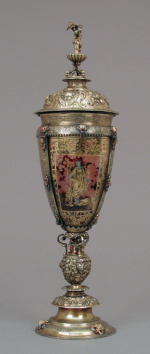 Standing cup with cover, Silver foot made by Vinzenz Hofer (active 1542–68), Silver gilt, glass, enamel, diamonds, rubies, German, Nuremberg and Austrian, Salzburg