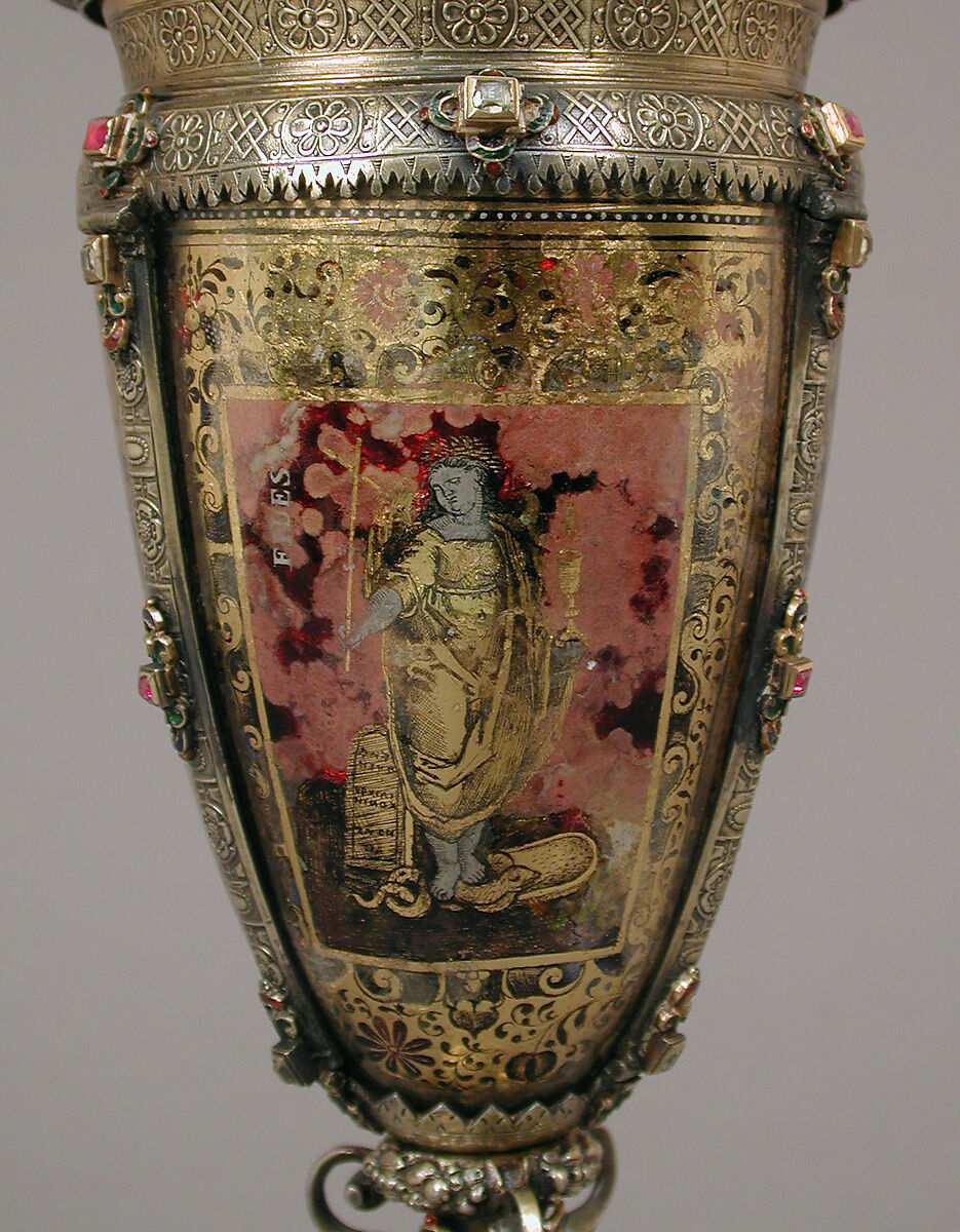 Standing cup with cover, Silver foot made by Vinzenz Hofer (active 1542–68), Silver gilt, glass, enamel, diamonds, rubies, German, Nuremberg and Austrian, Salzburg