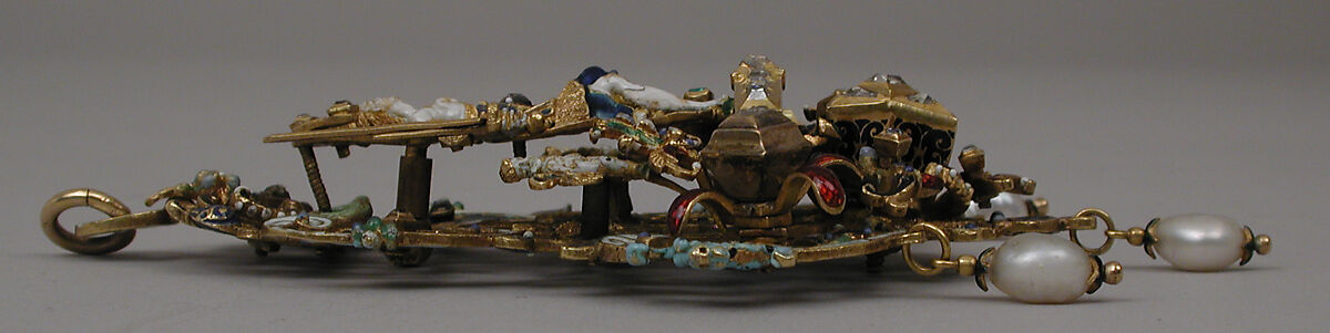 Justice, Gold, partly enameled, set with diamonds and emeralds; pearls, Northern European