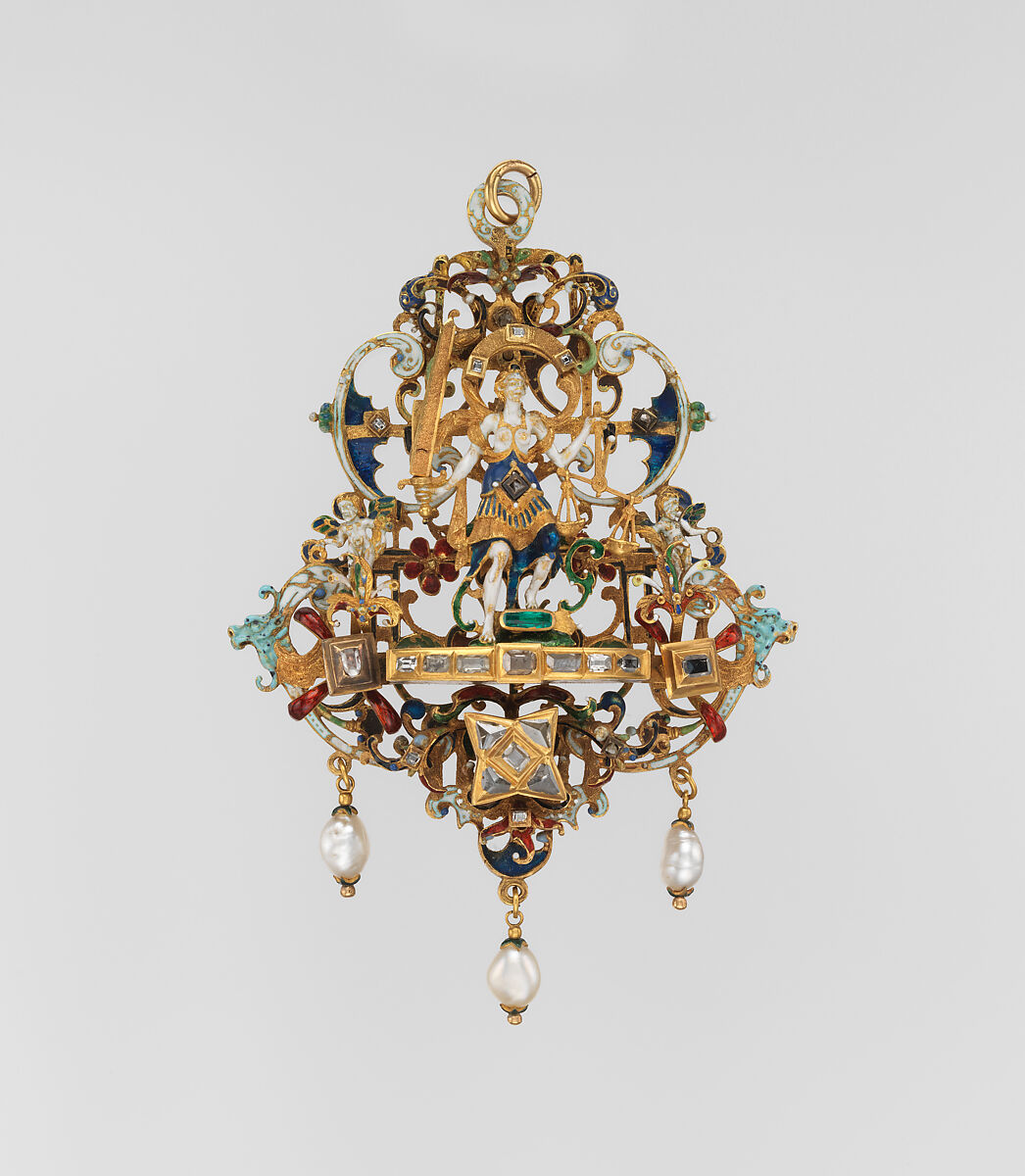 Justice, Gold, partly enameled, set with diamonds and emeralds; pearls, Northern European 