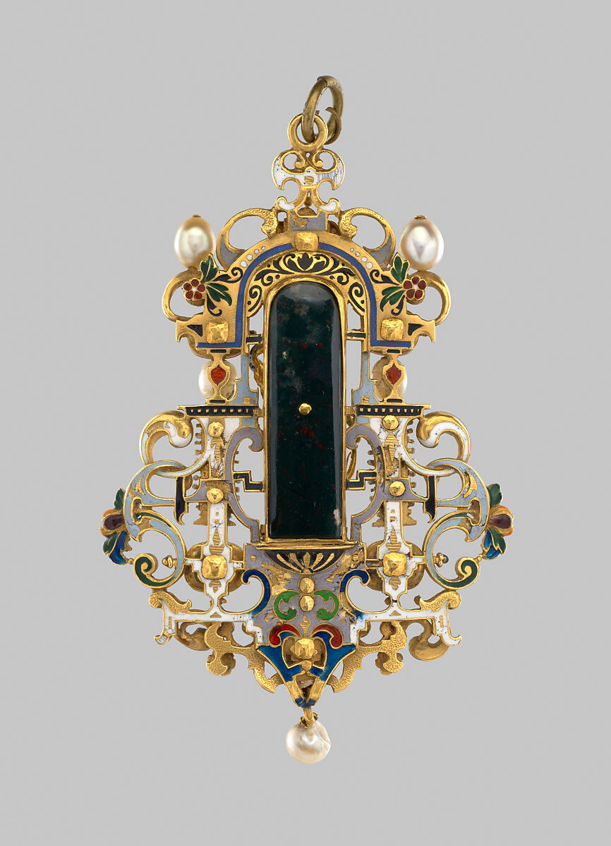 Sixteenth-century-style pendant, Gold, enamel, diamonds, pearls, rubies, emeralds, heliotrope, German or French