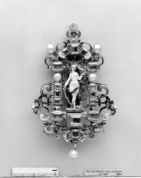 Sixteenth-century-style pendant, Gold, enamel, diamonds, pearls, rubies, emeralds, heliotrope, German or French 