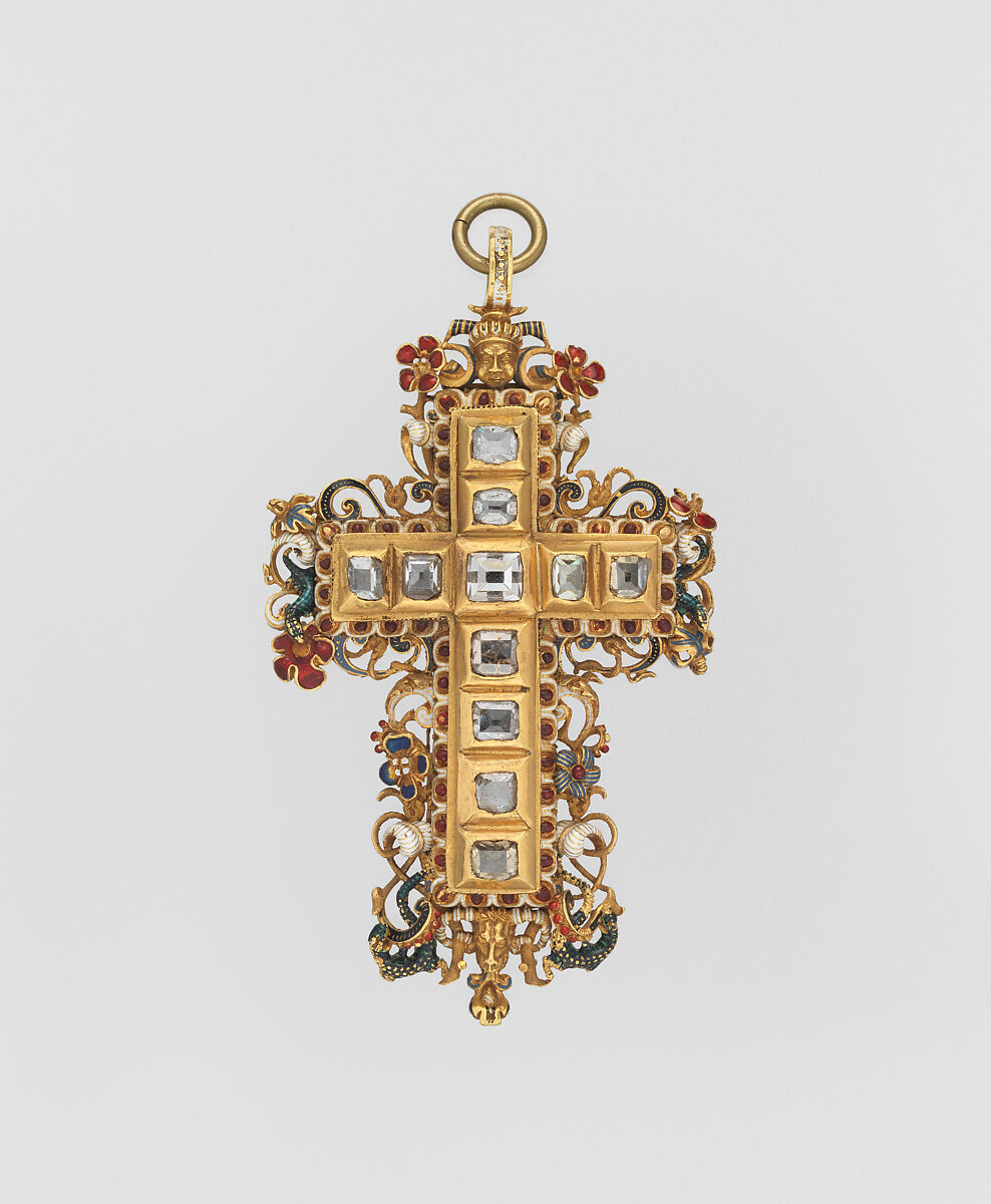 Cross, Gold, partly enameled, set with diamonds, Northern European 