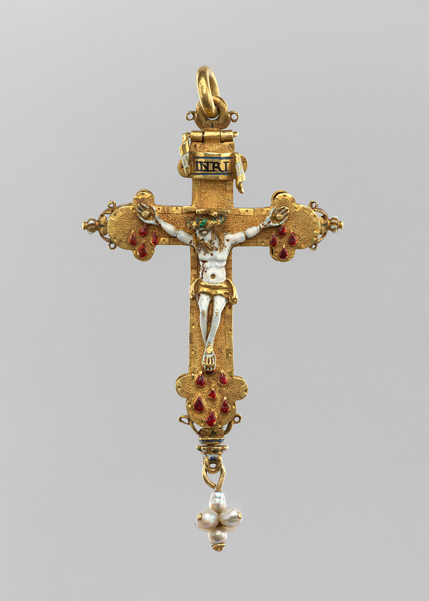 Reliquary crucifix pendant, Gold, enamel, pearls, European 