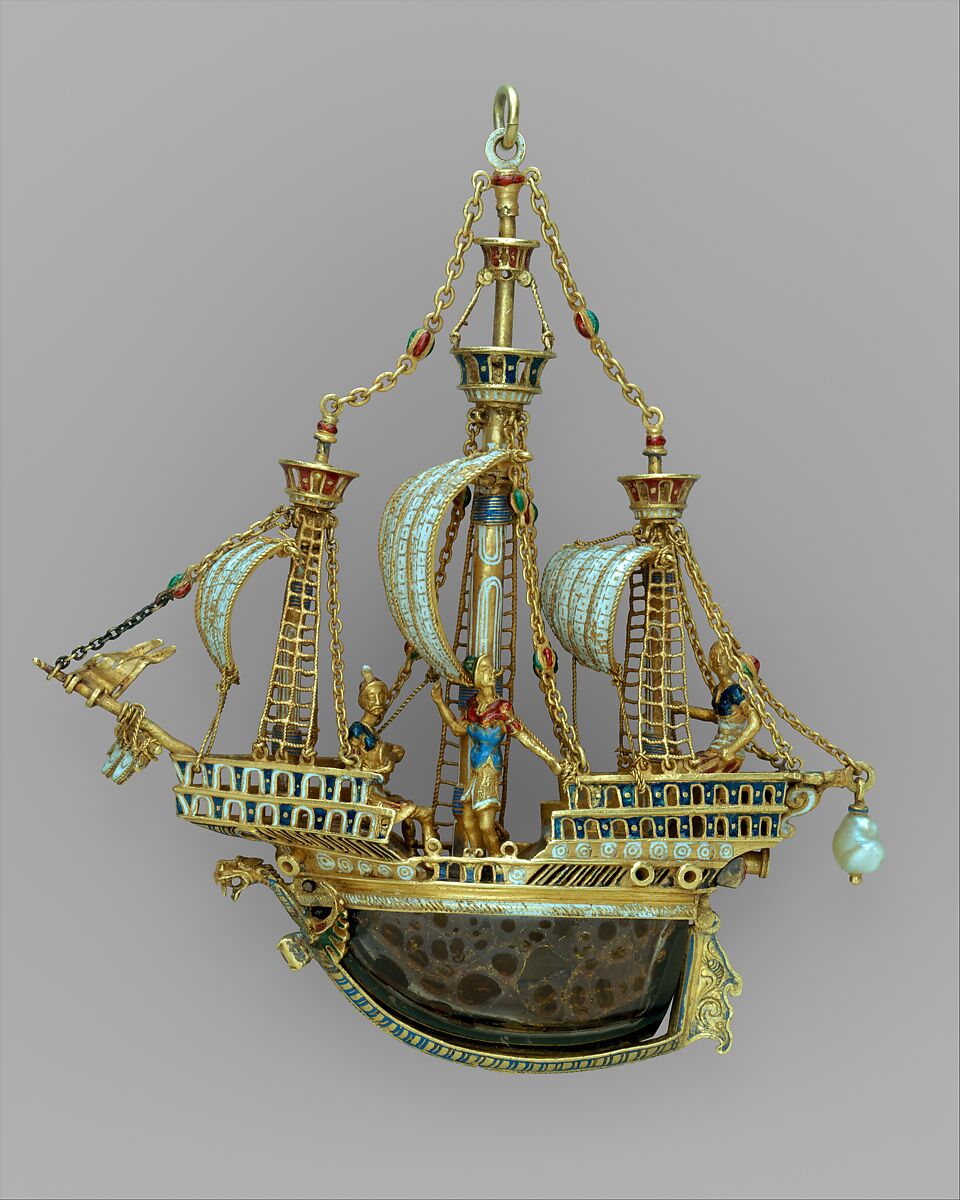 Pendant in the form of a ship, Alfred André (French, 1839–1919), Gold, partly enameled and set with gems; baroque pearl; rock crystal, French, Paris 