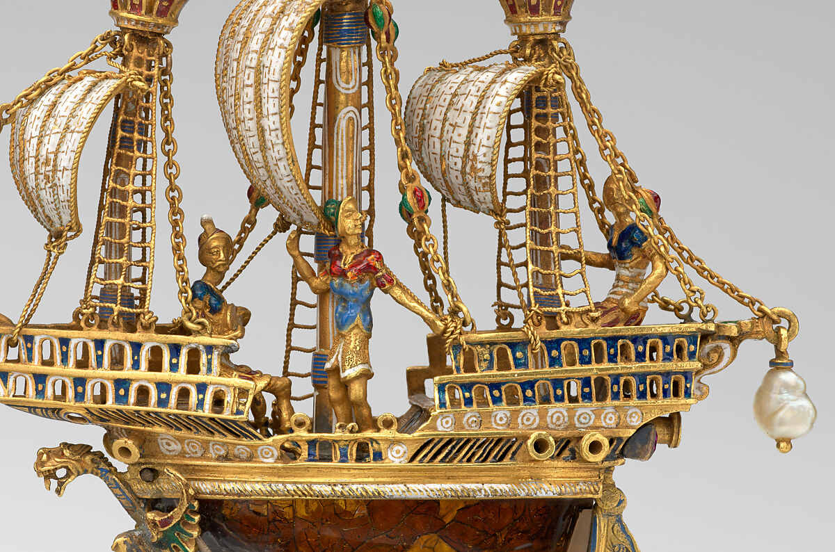 Pendant in the form of a ship, Alfred André (French, 1839–1919), Gold, partly enameled and set with gems; baroque pearl; rock crystal, French, Paris